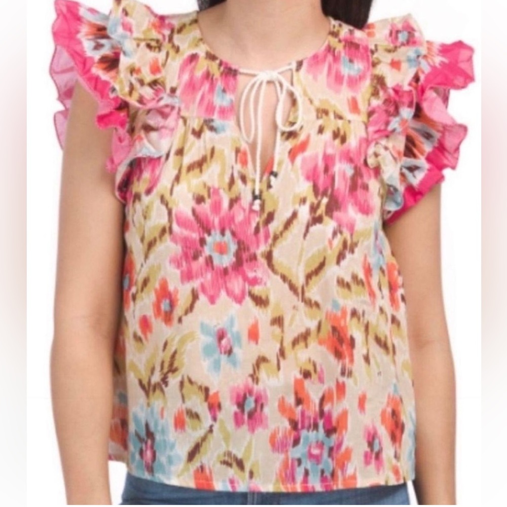 House of Harlow 1960 Zoey Khaki Floral Ruffle‎ Sleeve Blouse HHS22-3500 NWT L